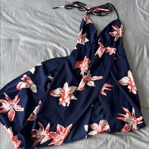 Navy Halter Dress with Floral Design